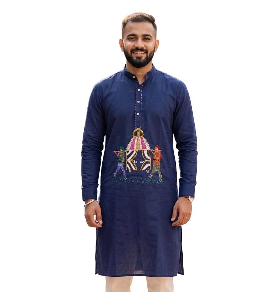 Embroidered Kurta for Men Blue