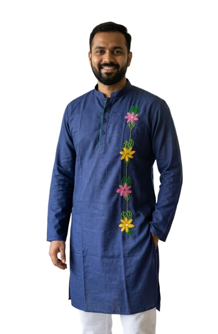 Embroidered Kurta for Men Blue